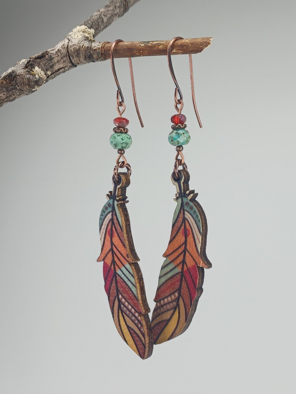 Painted Wood Feather Earrings African Turquoise Jasper Copper Artisan - Picture 3 of 7